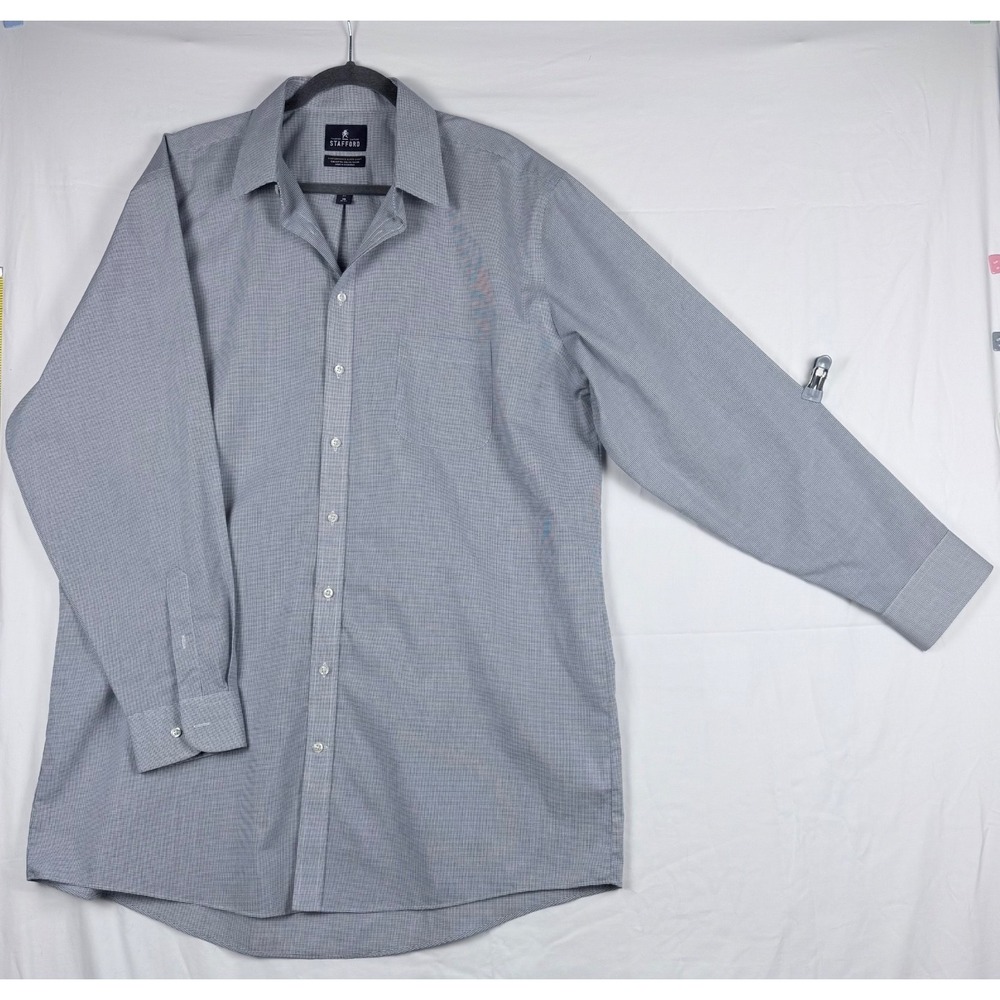 Mens Stafford Dress Shirt Long Sleeve Blue Check Tall 18 35/37 Business Wedding